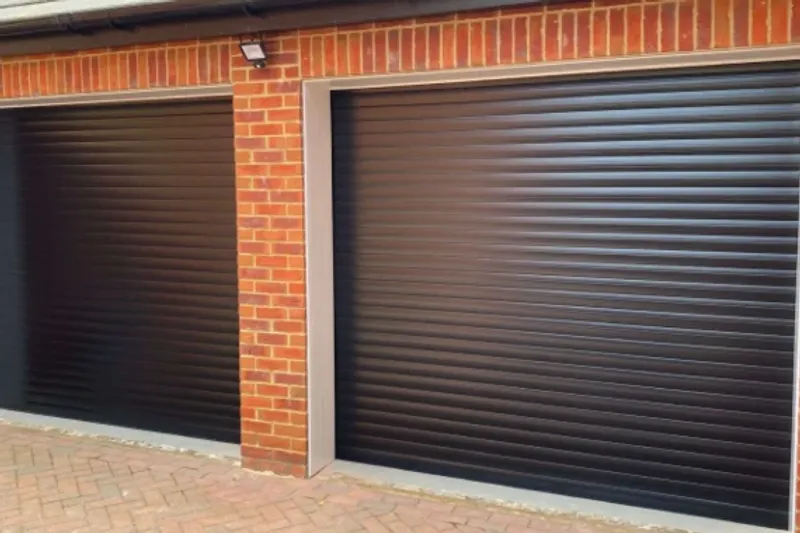 Cream electric roller garage door with matching trim