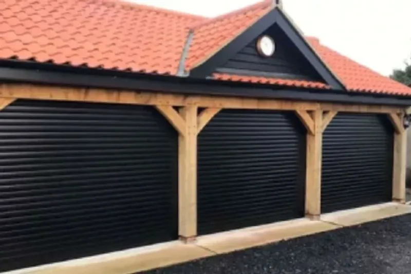 Light beige electric roller garage door with neat finish
